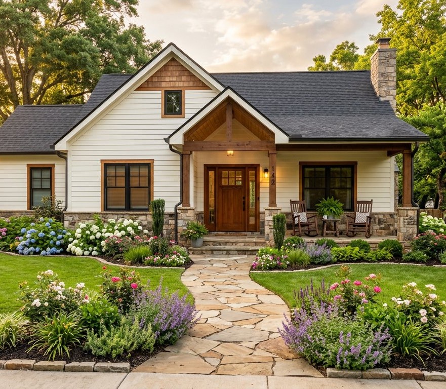 Charming renovated home exterior with a landscaped front garden