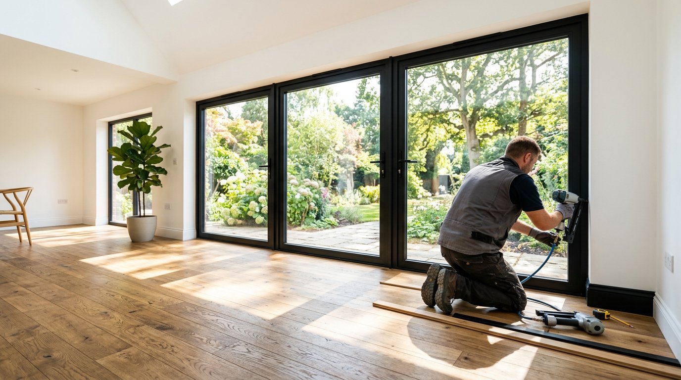New energy-efficient black-framed windows filling a room with light